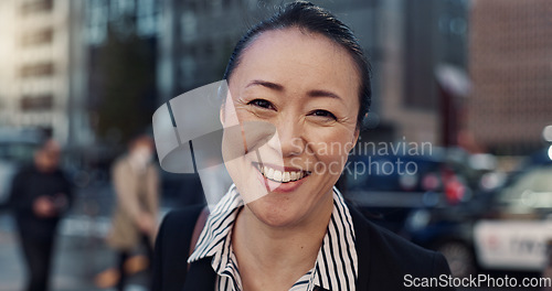 Image of Business, city and portrait of Japanese woman for morning commute, travel and walking. Professional, corporate and worker with ambition, pride and confident for career, work and job in Tokyo town