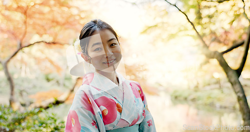 Image of Nature, culture and portrait of Japanese woman in park for wellness, fresh air and relax outdoors. Travel, traditional and person in indigenous clothes, fashion and kimono for zen, peace and calm