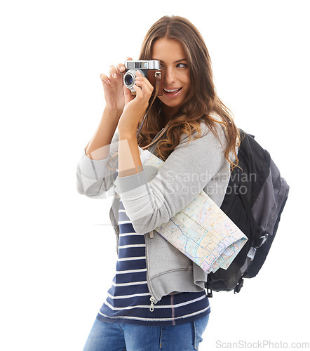 Image of Photography, travel and young woman in studio for photoshoot with camera for talent. Creative, art and female photographer tourist with map and dslr for media project isolated by white background.