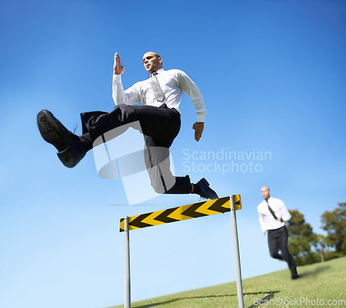 Image of Businessman, hurdle and jumping for career competition or employee obstacle, opponent or achievement. Male people, corporate rivals and leap for professional growth or challenge, milestone or mockup