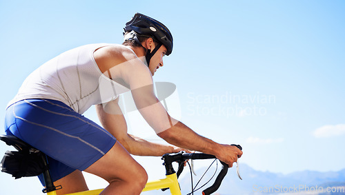 Image of Man, cyclist and road fitness or workout for healthy wellness, competition or training. Male person, bicycle and physical activity in summer for athlete endurance or preparation, sport or triathlon