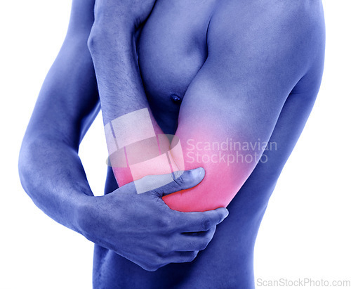 Image of Elbow, closeup and man with pain, injury and model isolated on white studio background. Person, highlight or guy with muscle tension, strain or broken with joint, bruise or inflammation with accident