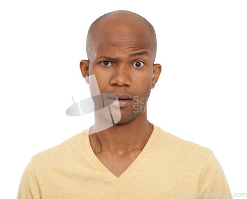 Image of Portrait, confused and black man with doubt, why and model isolated on white studio background. Face, African person and guy with expression, reaction and omg with emoji, wow and review with feedback