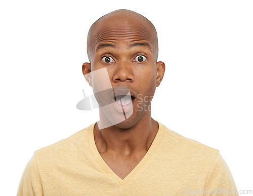 Image of Portrait, surprise and black man with why, emoji and feedback isolated on white studio background. Face, African person and model with news, shocked and facial expression with omg, gossip or reaction