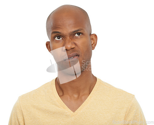 Image of Portrait, confused and black man with decision, thinking and confident guy isolated on white studio background. African person, choice or model with ideas, opportunity and doubt with questions or why