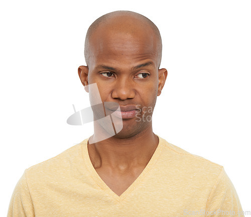 Image of Thinking, confused and black man with questions, decision and confident guy isolated on white studio background. African person, choice or model with ideas, opportunity and why with doubt or solution