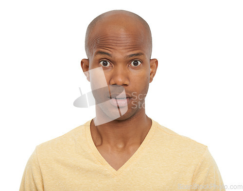 Image of Portrait, confused and black man with expression, why or model isolated on white studio background. Face, African person or guy with questions, reaction or omg with emoji, wow or review with feedback