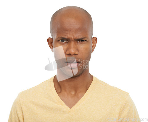 Image of Portrait, reaction and confused with black man, doubt and expression isolated on white studio background. Face, African person and model with emoji, reaction and facial with mockup space and thinking