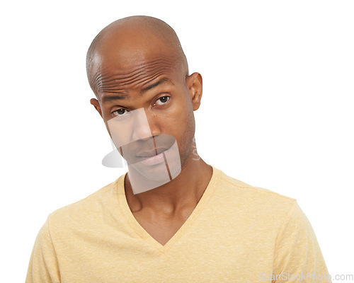 Image of Emoji, reaction and black man with thinking, confused or confident guy isolated on white studio background. African person, choice or model with feedback, opportunity or decision with solution or why