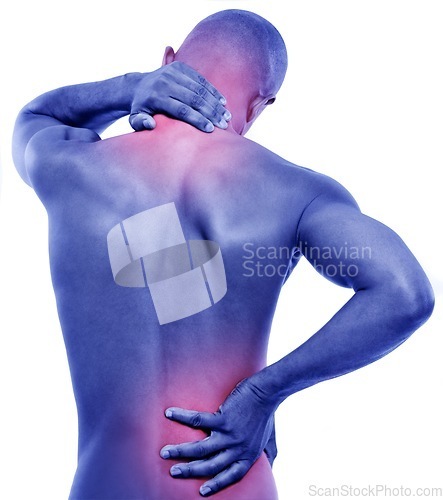 Image of Man, backache and neck pain with red glow, spine injury and illness with fibromyalgia pr pressure on white background. Overlay, body and sick in studio with muscle tension, inflammation and strain