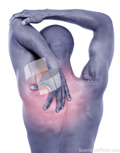 Image of Man, back pain with red glow and injury or accident, illness with fibromyalgia or pressure on spine on white background. Overlay, body and sick in studio with muscle tension, inflammation and strain