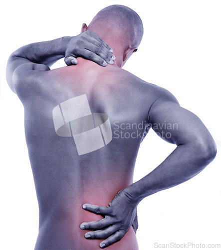 Image of Man, backache and neck pain with glow, spine injury and illness with fibromyalgia pr pressure on white background. Red overlay, body and sick in studio with muscle tension, inflammation and strain