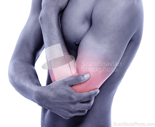 Image of Person, elbow pain with red glow and injury or accident, illness with fibromyalgia or pressure on white background. Overlay, body and muscle tension in studio, inflammation and strain on joint