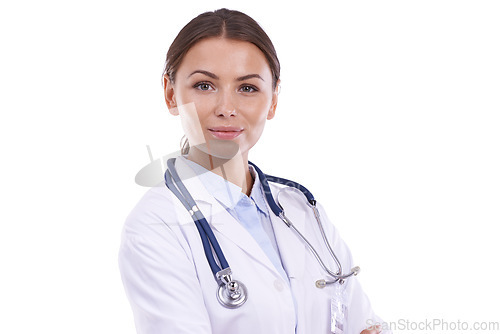 Image of Woman, portrait and doctor in studio for healthcare services, medical consulting and trust on white background. Surgeon, expert therapist and professional hospital employee working on mockup space