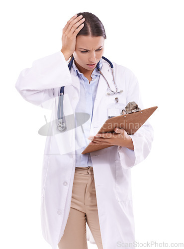 Image of Stress, worry and woman doctor with clipboard mistake in studio for compliance, fail or disaster on white background. Oops, anxiety and female health expert with document, crisis or insurance problem