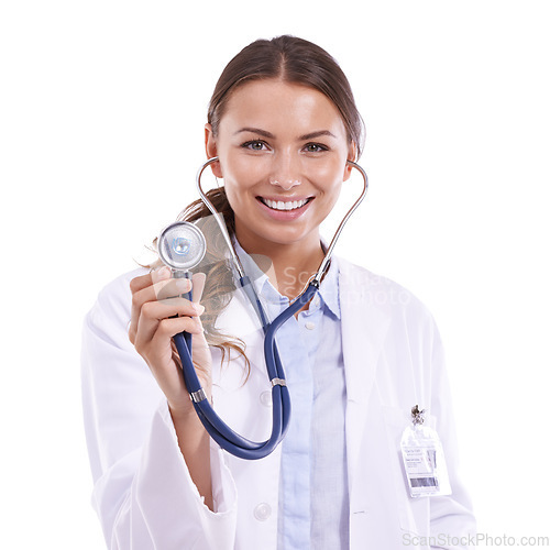 Image of Woman doctor, portrait and stethoscope in studio for lungs, chest or heart examination on white background. Heartbeat, face and female surgeon with medical tool for listening, diagnosis or checkup