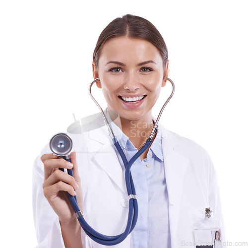 Image of Doctor, portrait and happy woman listening with stethoscope in studio for heartbeat, healthcare or cardiology on white background. Medical worker, evaluation and check heart, lungs and breathing test