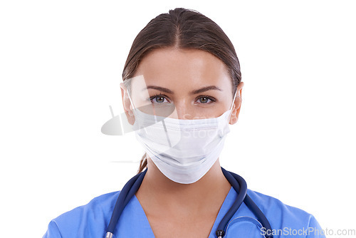 Image of Woman, portrait and doctor with face mask for protection, health and safety in surgery on a white studio background. Female person, surgeon or medical nurse with protective gear for bacteria or germs