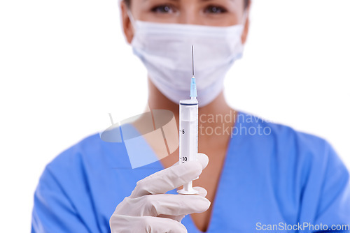 Image of Woman, portrait and doctor with syringe for protection, health and safety on a white studio background. Female person, surgeon or medical nurse with needle and face mask for vaccination or anesthetic