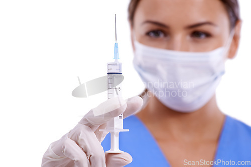 Image of Woman, doctor and face mask, needle or vaccination for health and safety on a white studio background. Female person, surgeon or medical nurse with syringe for cure, injection or anesthetic on mockup