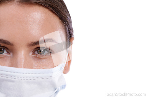 Image of Healthcare, portrait and woman doctor with face mask in studio for safety from illness or bacteria on white background. Medical, mockup or eyes of nurse at hospital with cover for clinic compliance