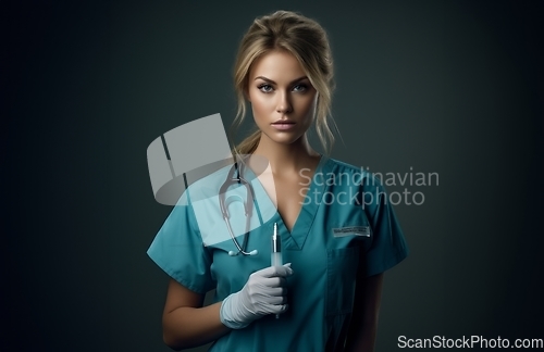 Image of A modern and elegant doctor, exuding confidence and expertise, holds an injection in her hands against a dark backdrop, capturing the essence of contemporary healthcare professionalism