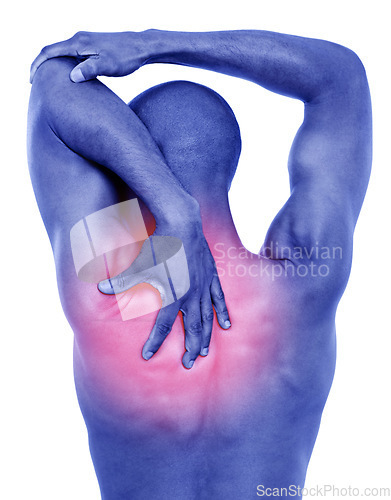 Image of Back pain, closeup and man with injury, inflammation and strain isolated on white studio background. Person, highlight and guy with muscle tension, model and broken with joint, bruise and accident