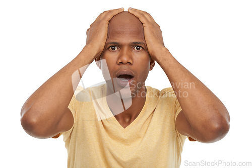 Image of Portrait, surprise and black man with wow, emoji and feedback isolated on a white studio background. Face, African person and model with news, shocked and facial expression with omg, why and reaction