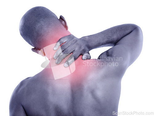 Image of Man, back and neck pain with red glow, spine injury and illness with fibromyalgia pr pressure on white background. Overlay, body and sick in studio with muscle tension, inflammation and strain