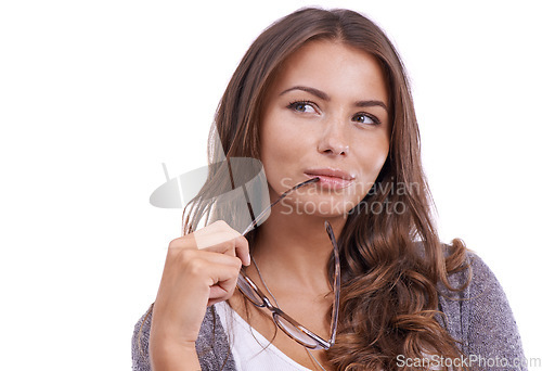 Image of Woman, glasses and thinking of ideas in studio for planning insight, future decision and wonder why on white background. Curious model dream of solution, remember memory and questions at mockup space