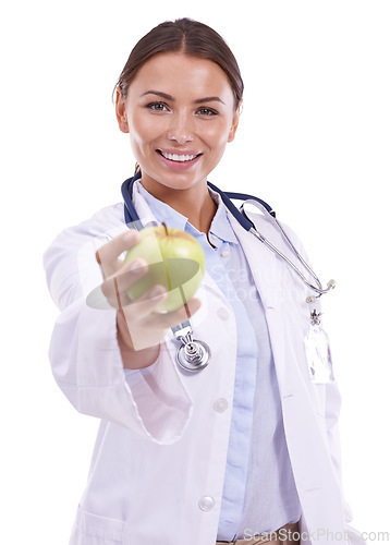 Image of Doctor, portrait or happy woman with apple offer in studio for health, diet or gut health on white background. Healthy eating, smile and face of lady nutritionist with fruit for nutrition or wellness