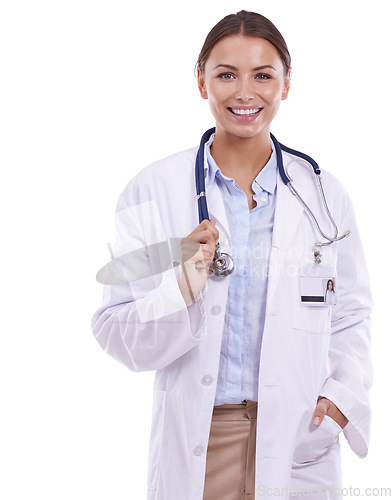 Image of Happy woman, portrait and doctor with stethoscope for healthcare on a white studio background. Female person, surgeon or medical professional cardiologist smile for heart or health advice on mockup