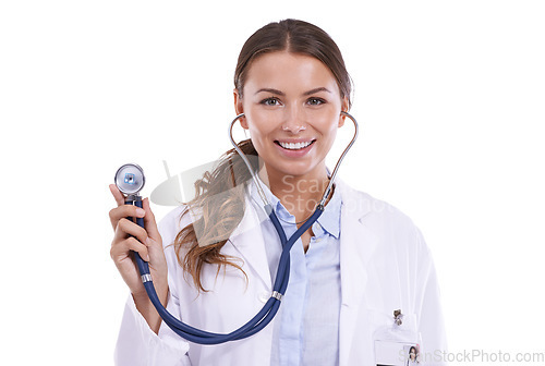 Image of Doctor, portrait and woman with stethoscope for heartbeat, healthcare and cardiology in studio on white background. Happy medical worker with tools to check lungs, cardiovascular test and evaluation