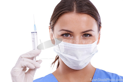 Image of Woman, portrait and doctor with face mask or syringe for protection, health and safety on a white studio background. Female person, surgeon or medical nurse with needle for cure, virus or anesthetic