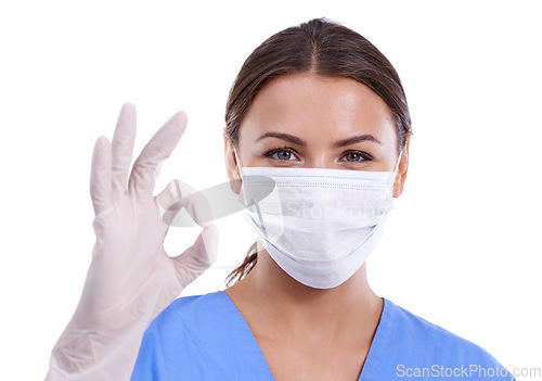 Image of Happy woman, portrait and doctor with ok sign or face mask for good job on a white studio background. Young female person, surgeon or medical nurse with like emoji, yes gesture or perfect on mockup