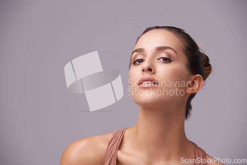 Image of Portrait of woman, space or skincare dermatology, facial beauty or cosmetics for healthy glow. Isolated, mockup or confident model with natural results or wellness in studio on purple background