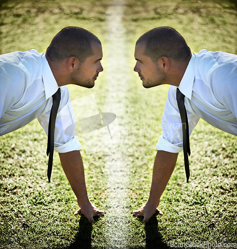 Image of Businessman, sports field and challenge competition or mirror reflection or self improvement, corporate or goals. Male person, suit and outdoor work professional or start growth, obstacle or training