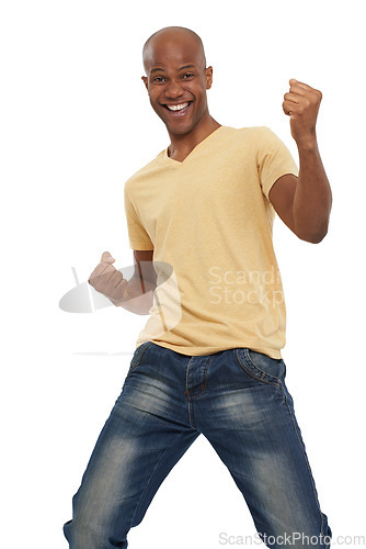 Image of Cheering, excited and black man with celebration, success and achievement isolated on a white studio background. African person, promotion and winner with victory, emoji and wow with omg and energy