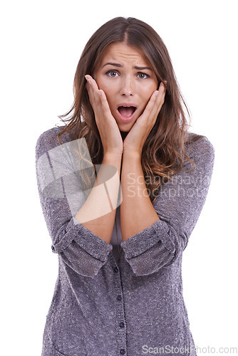 Image of Wow, surprise and shocked woman with hands on face in studio with gossip, announcement or news on white background. Omg, panic and portrait of female model with mind blown emoji for unexpected secret