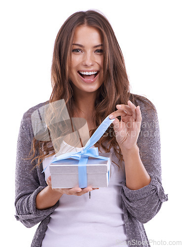 Image of Wow, portrait or woman with gift unboxing in studio for birthday, commerce or package on white background. Face, box or lady model with present, offer or prize promo, cashback or competition giveaway