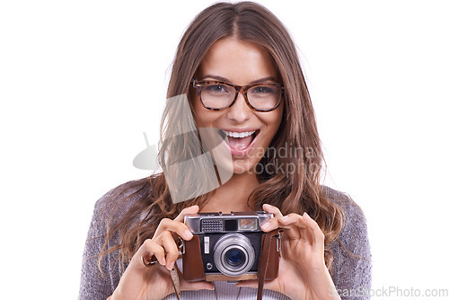 Image of Photographer, excited woman and retro camera in studio for photoshoot, content creation and paparazzi magazine on white background. Portrait, happy journalist and photography for creative production