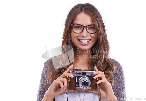 Image of Photographer, portrait and woman with retro camera in studio for photoshoot, content creation and paparazzi magazine on white background. Happy journalist, photography and creative media production