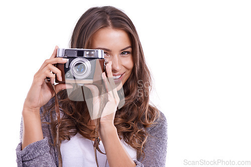 Image of Portrait, photographer and happy woman with retro camera in studio for photoshoot, content creation and paparazzi on white background. Journalist, photography and creative production at mockup space