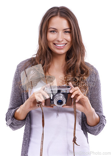 Image of Portrait, photography or happy woman with retro camera in studio for photoshoot, multimedia production or paparazzi on white background. Journalist, creative photographer or content creation for blog