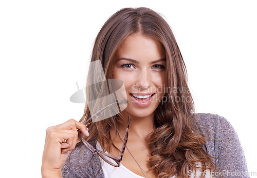 Image of Happy, woman and portrait with glasses, fashion or flirting with confidence in white background of studio. Model, relax and person with a smile for eyewear, spectacles and frames in mock up space