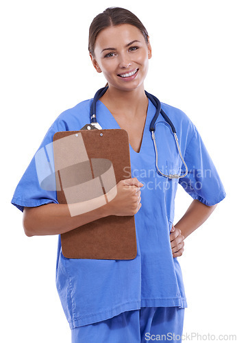 Image of Woman, portrait and nurse in studio with clipboard, notes and healthcare information on white background. Happy doctor, surgeon and medical worker with paperwork for insurance report, script or admin