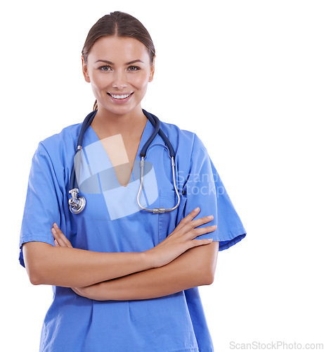 Image of Woman, happy portrait and nurse in studio with arms crossed for expert healthcare services on white background. Surgeon, professional medical doctor and smile with pride, integrity or trust at mockup