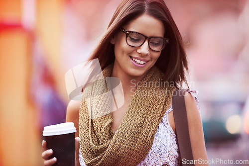 Image of Happy, coffee break and woman in city walking on street or outdoor on holiday or vacation in summer. Takeaway, tea and college student in town relax with beverage in a cup and freedom on adventure