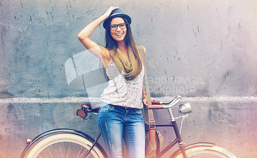 Image of Happy, portrait and woman with vintage bicycle for travel on vacation in city on wall background. College student, smile and cycling with retro bike for transportation outdoor in town or on campus