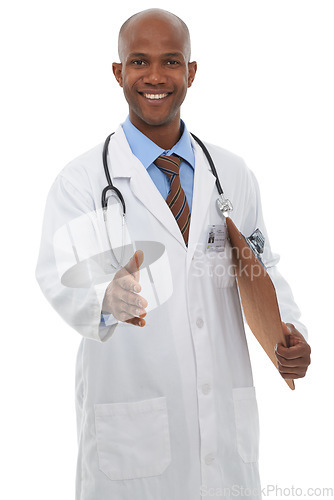 Image of Doctor, black man and handshake, clipboard and portrait with support, intro and advice for health insurance. Kindness, respect and trust in medicine, happy medical professional on white background